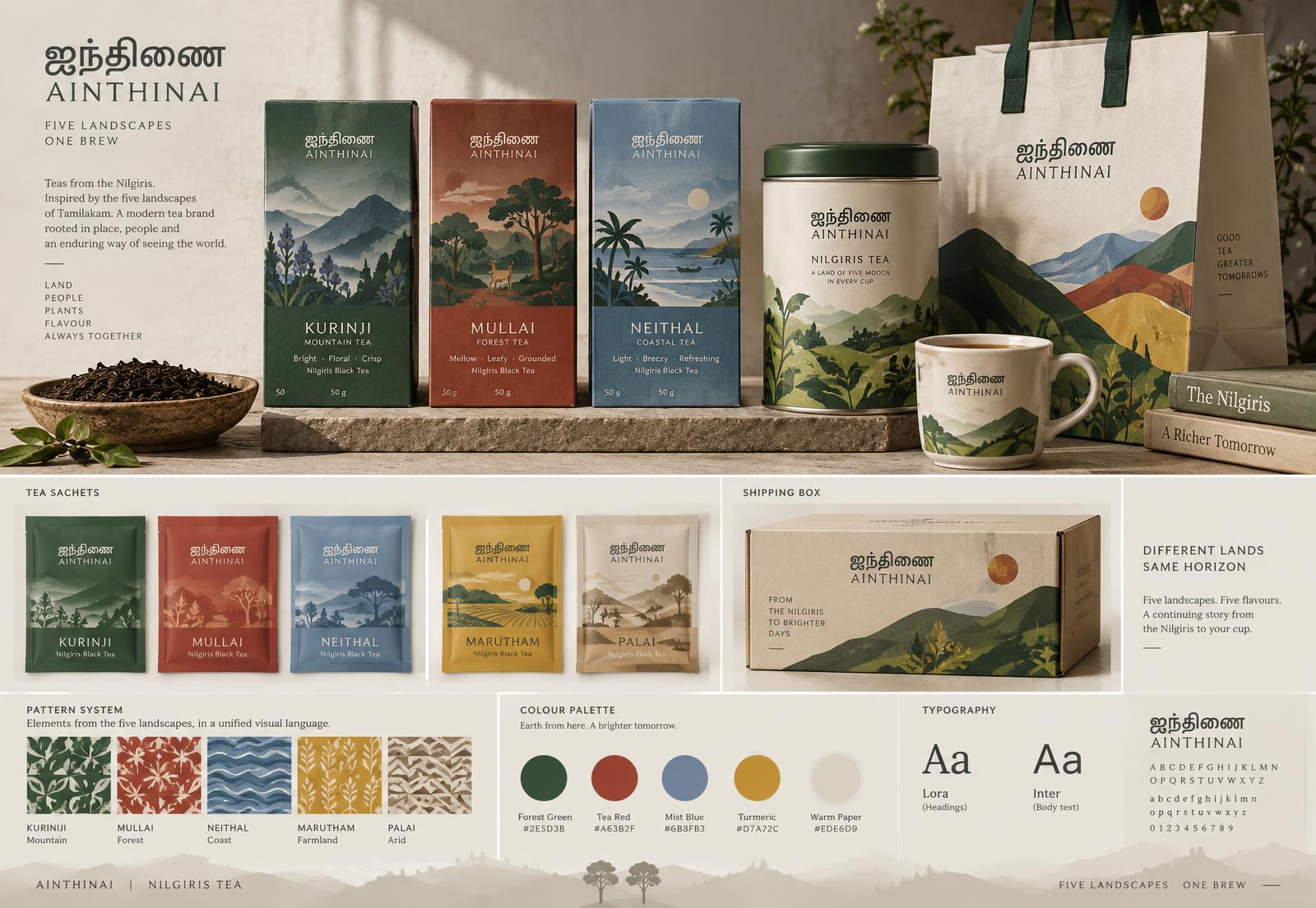Ainthinai Nilgiris tea packaging, sachets, tin, bag, shipping box, patterns and typography