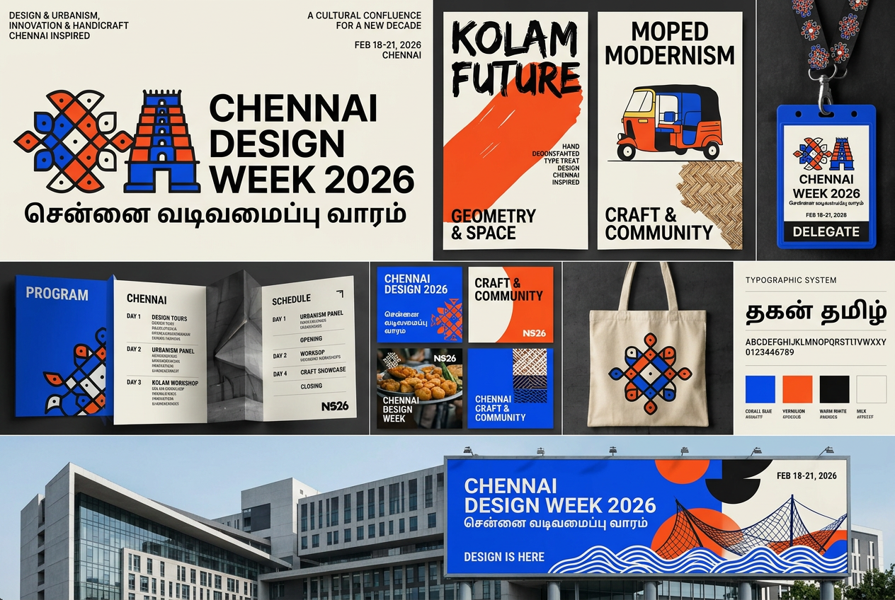 Chennai Design Week identity across posters, programme, badge, social media, tote and billboard