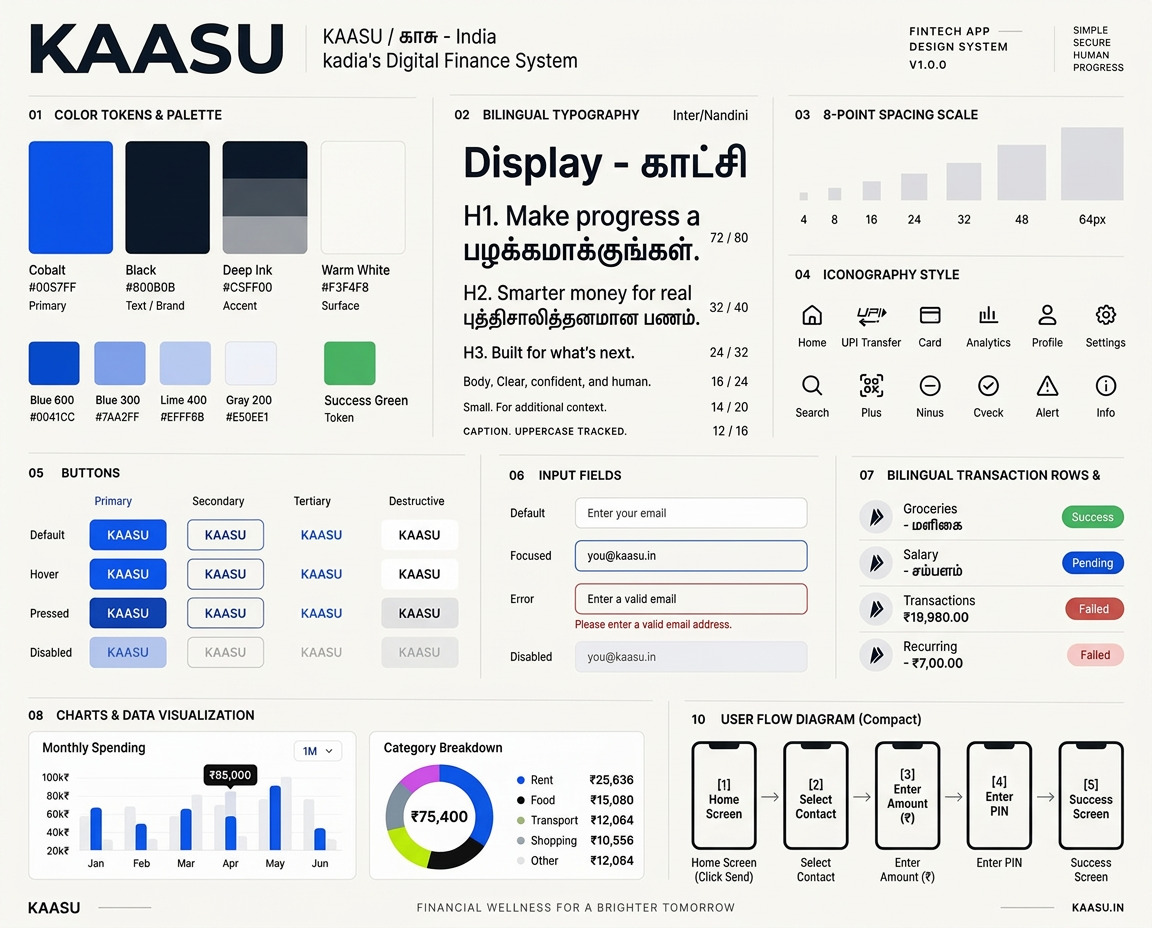 KAASU design system showing colour, type, spacing, components and accessibility