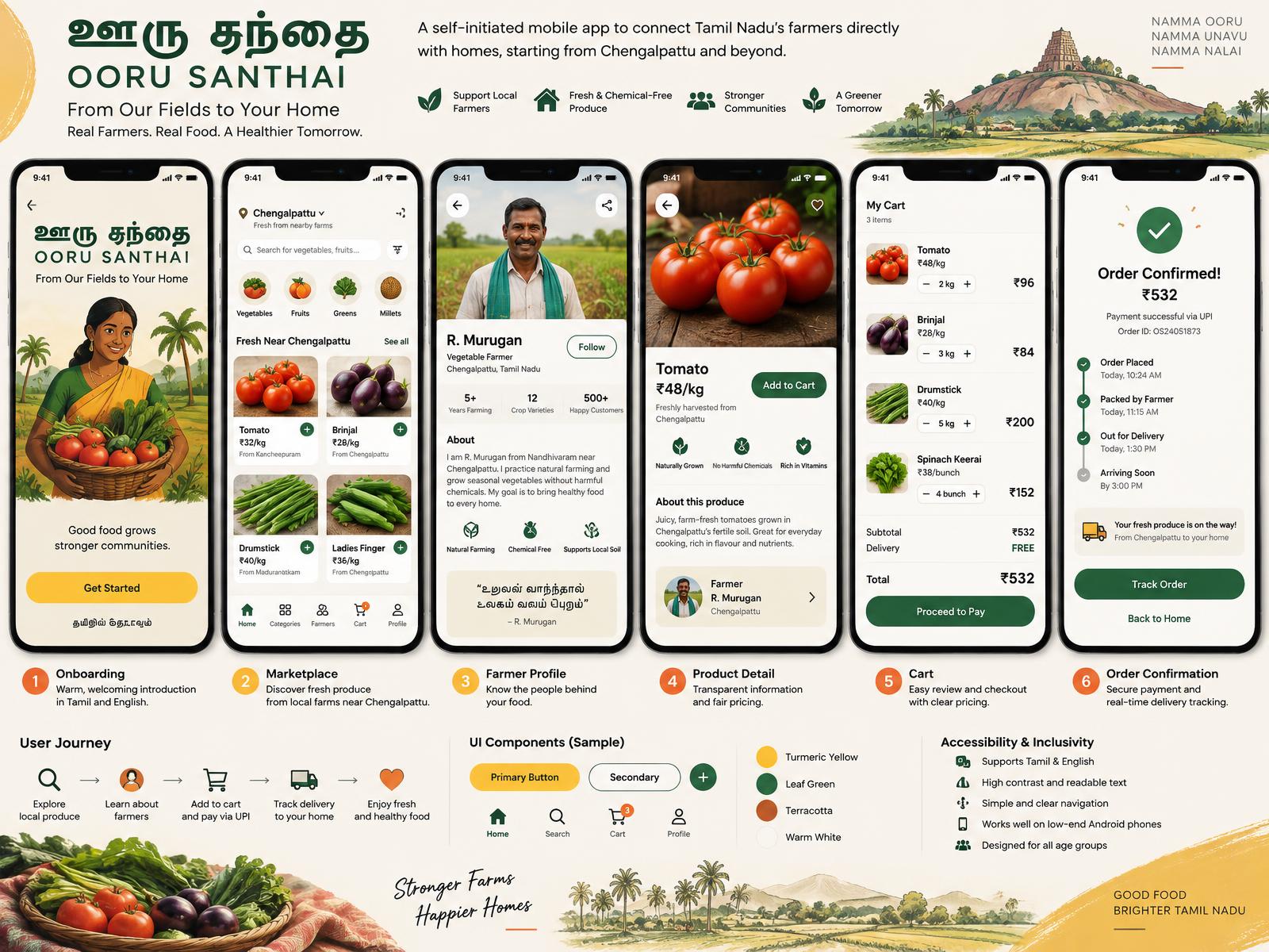 Six Ooru Santhai local produce marketplace screens with user journey and components